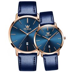 OLEVS 5869 1 paio di orologi al quarzo con cinturino in vera pelle impermeabile da coppia (blu)