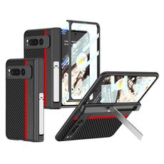 Custodia per telefono in pelle con cerniera pieghevole a colori a contrasto integrata per Google Pixel Fold GKK con supporto (rosso)