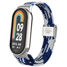 Per Xiaomi Mi Band 8 Testa in metallo + cinturino regolabile con fibbia in acciaio intrecciato in nylon (blu bianco)