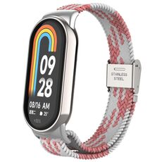 Per Xiaomi Mi Band 8 Metal Head + cinturino regolabile in nylon intrecciato con fibbia in acciaio (rosa bianco)