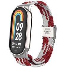 Per Xiaomi Mi Band 8 Metal Head + cinturino regolabile in nylon intrecciato con fibbia in acciaio (rosso bianco)