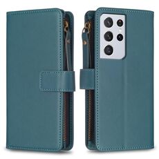 Per Samsung Galaxy S21 Ultra 5G 9 slot per schede Portafoglio con cerniera Custodia in pelle per telefono a conchiglia (verde)