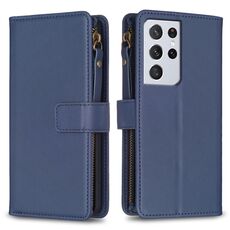 Per Samsung Galaxy S21 Ultra 5G 9 slot per schede con cerniera portafoglio in pelle flip custodia per telefono (blu)