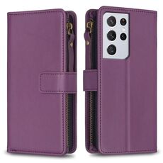 Per Samsung Galaxy S21 Ultra 5G 9 slot per carte di credito Custodia a portafoglio in pelle con chiusura a cerniera (viola scuro)