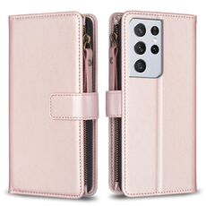 Per Samsung Galaxy S21 Ultra 5G 9 slot per schede con cerniera portafoglio in pelle custodia per telefono (oro rosa)