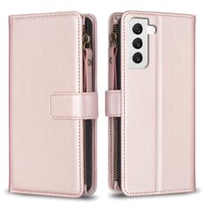 Per Samsung Galaxy S22 5G 9 slot per schede con cerniera portafoglio in pelle flip custodia per telefono (oro rosa)
