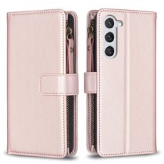 Per Samsung Galaxy S23 5G 9 slot per schede con cerniera portafoglio in pelle flip custodia per telefono (oro rosa)