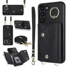 Custodia per cellulare con cerniera per Samsung Galaxy S23 5G con doppio cordino (nero)