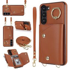 Custodia per cellulare con cerniera per Samsung Galaxy S23 5G con doppio cordino (marrone)