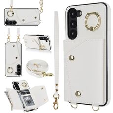 Custodia per cellulare con cerniera per Samsung Galaxy S23 5G con doppio cordino (bianco)