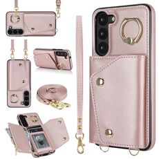 Per Samsung Galaxy S23+ 5G Custodia per cellulare con cerniera con doppio cordino (oro rosa)