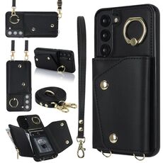 Per Samsung Galaxy S22+ 5G Custodia con cerniera per telefono con doppio cordino (nero)