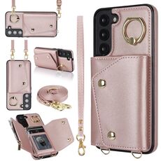 Per Samsung Galaxy S22+ 5G Custodia per cellulare con cerniera con doppio cordino (oro rosa)