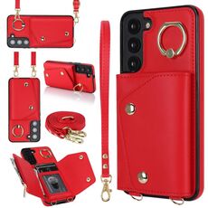 Per Samsung Galaxy S22+ 5G Custodia per cellulare con cerniera con doppio cordino (rosso)