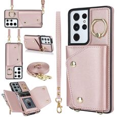 Custodia per cellulare con cerniera per Samsung Galaxy S21 Ultra 5G con doppio cordino (oro rosa)