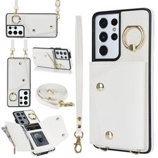 Custodia per cellulare con cerniera per Samsung Galaxy S21 Ultra 5G con doppio cordino (bianco)