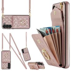 Per Samsung Galaxy S23 5G custodia per cellulare a forma di rombi con cordino lungo (oro rosa)