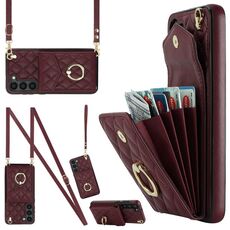 Per Samsung Galaxy S23 5G Custodia per cellulare a forma di rombi con cordino lungo (rosso vino)