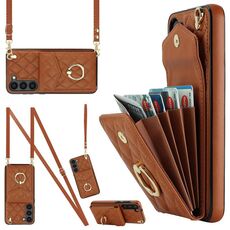 Per Samsung Galaxy S23 5G Custodia per cellulare a forma di rombi con cordino lungo (marrone)