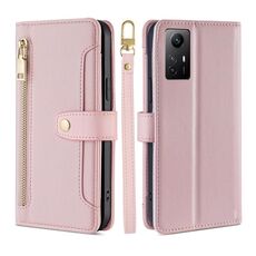 Per Xiaomi Redmi Note 12S 4G Lite Custodia per telefono in pelle con cerniera a tracolla con trama di pecora (rosa)