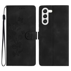 Per Samsung Galaxy S23 5G Custodia per cellulare in pelle con motivo a farfalla fiore (nero)