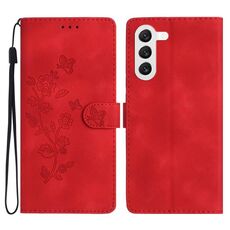 Per Samsung Galaxy S23+ 5G Custodia per cellulare in pelle con motivo a farfalla fiore (rosso)