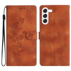 Per Samsung Galaxy S23+ 5G Custodia per cellulare in pelle con motivo a farfalla fiore (marrone)