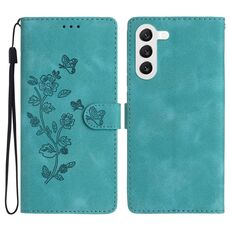 Per Samsung Galaxy S23+ 5G Custodia per telefono in pelle con motivo a farfalla con fiore (cielo blu)