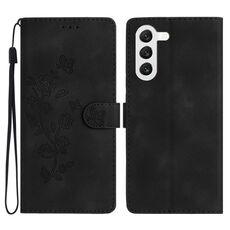 Per Samsung Galaxy S23+ 5G Custodia per cellulare in pelle con motivo a farfalla fiore (nero)