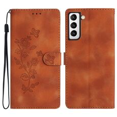 Per Samsung Galaxy S22+ 5G Custodia per cellulare in pelle con motivo a farfalla fiore (marrone)