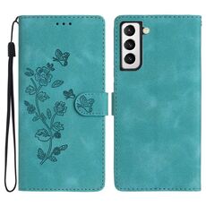 Per Samsung Galaxy S22+ 5G Custodia per telefono in pelle con motivo a farfalla con fiore (cielo blu)
