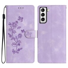 Per Samsung Galaxy S22+ 5G Custodia per telefono in pelle con motivo a farfalla con fiore (viola)