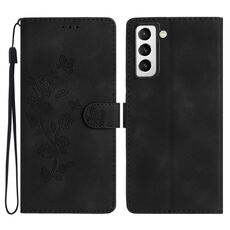 Per Samsung Galaxy S22+ 5G Custodia per telefono in pelle con motivo a farfalla fiore (nero)