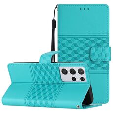 Per Samsung Galaxy S21 Ultra 5G Custodia per telefono in pelle con effetto pelle goffrata a diamante con cordino (blu)