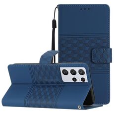 Per Samsung Galaxy S21 Ultra 5G Custodia per telefono in pelle con effetto pelle goffrata diamantata con cordino (blu scuro)