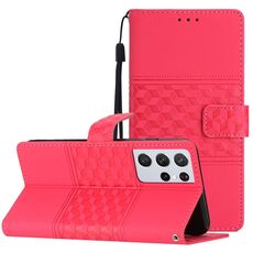 Per Samsung Galaxy S21 Ultra 5G Custodia per telefono in pelle con effetto pelle goffrata diamantata con cordino (rosso)