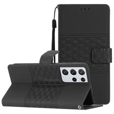 Per Samsung Galaxy S21 Ultra 5G Custodia per telefono in pelle con effetto pelle goffrata a diamante con cordino (nero)