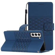 Per Samsung Galaxy S22 5G Custodia per telefono in pelle con effetto pelle goffrata a diamante con cordino (blu scuro)