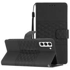Per Samsung Galaxy S22 5G Custodia per telefono in pelle con effetto pelle goffrata a diamante con cordino (nero)
