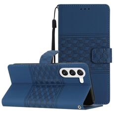 Per Samsung Galaxy S23 5G Custodia per telefono in pelle con effetto pelle goffrata a diamante con cordino (blu scuro)