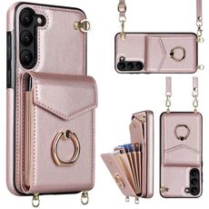 Per Samsung Galaxy S22 5G Custodia per telefono con slot per schede RFID con anello e cordino lungo (oro rosa)