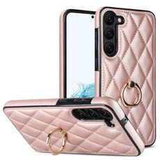 Per Samsung Galaxy S23 5G custodia in pelle PU rombica con supporto ad anello (oro rosa)