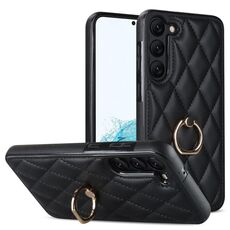 Per Samsung Galaxy S23+ 5G Custodia in pelle PU rombica con supporto ad anello (nero)