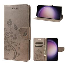Per Samsung Galaxy S23 5G Custodia per cellulare in pelle con motivo floreale a farfalla (grigio)