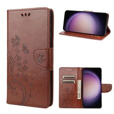 Per Samsung Galaxy S23 5G Custodia per cellulare in pelle con motivo floreale a farfalla (marrone)