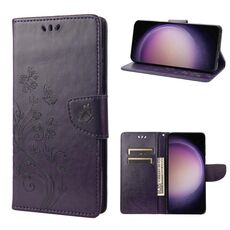 Per Samsung Galaxy S23 5G Custodia per cellulare in pelle con motivo floreale a farfalla (viola scuro)
