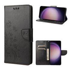 Per Samsung Galaxy S23 5G Custodia per cellulare in pelle con motivo floreale a farfalla (nero)