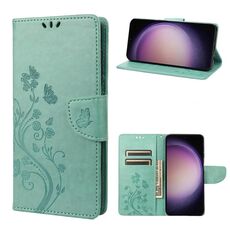 Per Samsung Galaxy S23 5G Custodia per cellulare in pelle con motivo floreale a farfalla (verde)