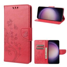 Per Samsung Galaxy S23+ 5G Custodia per cellulare in pelle con motivo floreale a farfalla (rosso)