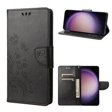 Per Samsung Galaxy S23+ 5G Custodia in pelle con motivo floreale a farfalla (nero)